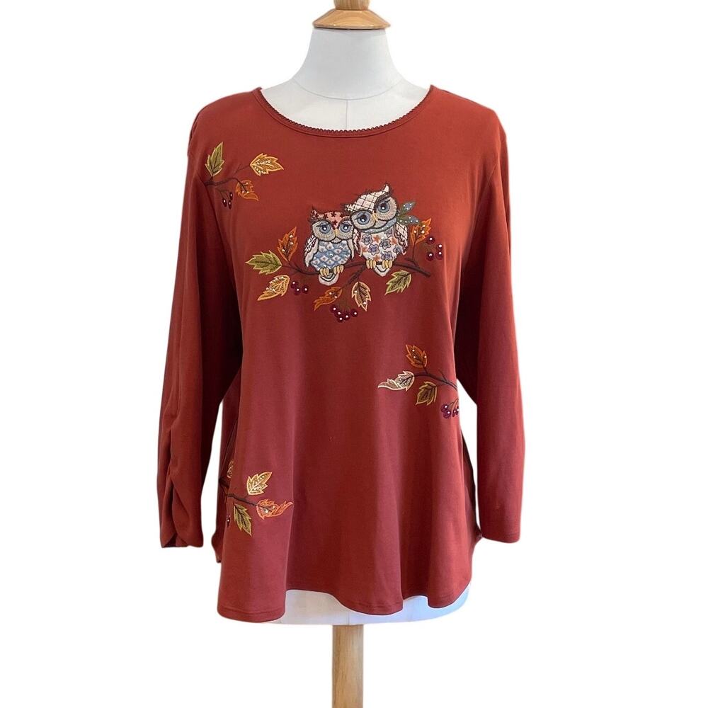 Alfred Dunner Burnt Orange T-Shirt Owls, Fall Leaves, Rhinestones, Autumn, 2X